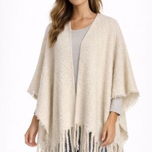 ree People Ivory Textured Knit Fringe Poncho | Boho Open Front Wrap